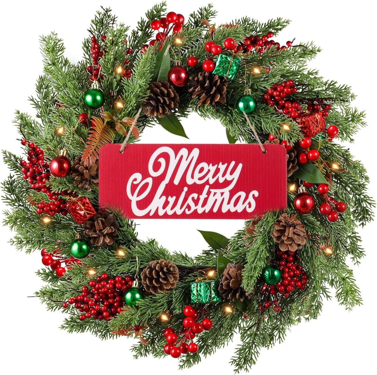 20 inch Artificial Christmas Wreath with LED String Lights for Front Door (Green,White) 19.6"D x 19.6"W x 19.6"H